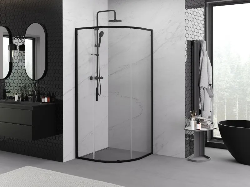 Mexen Exo, štvrťkruhový sprchovací kút s posuvnými dverami 90 x 90 cm, 6mm číre sklo, čierny profil, 8131-090-090-70-00