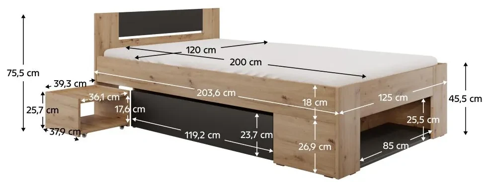 Jednolôžková posteľ 120 cm Uniforme (dub artisan + antracit) (s úl. priestorom). Vlastná spoľahlivá doprava až k Vám domov. 1116534