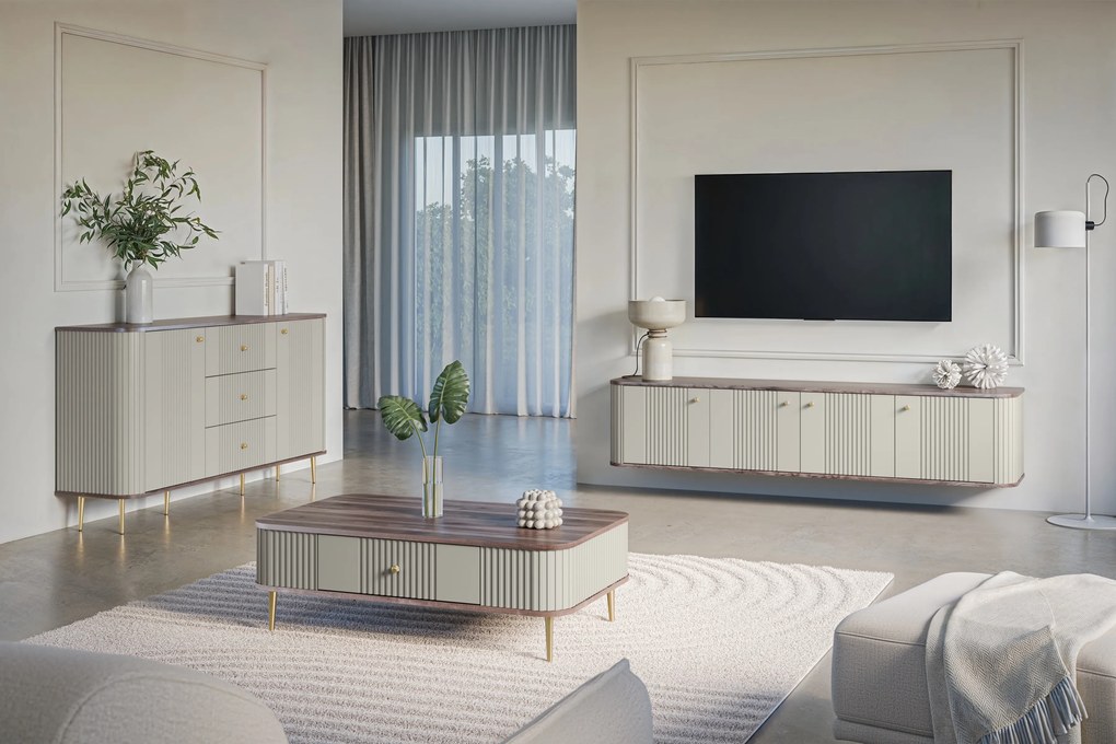 Komoda Vesper 160 cm so zásuvkami - kašmír / orech / zlaté nohy