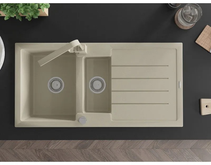 Mexen Andres, granitový drez 1000x500x200 mm, 1,5-komorový, béžová s chrómovým sifónom a béžová drezová batéria Rita, 6515-69-670300-69