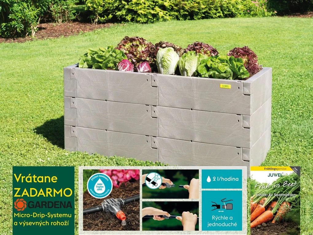 Juwel Timber Vysoký záhon so zavlažovaním Micro Drip a výsevnými rohožami, plast, 130 × 60 × 60 cm, šedý