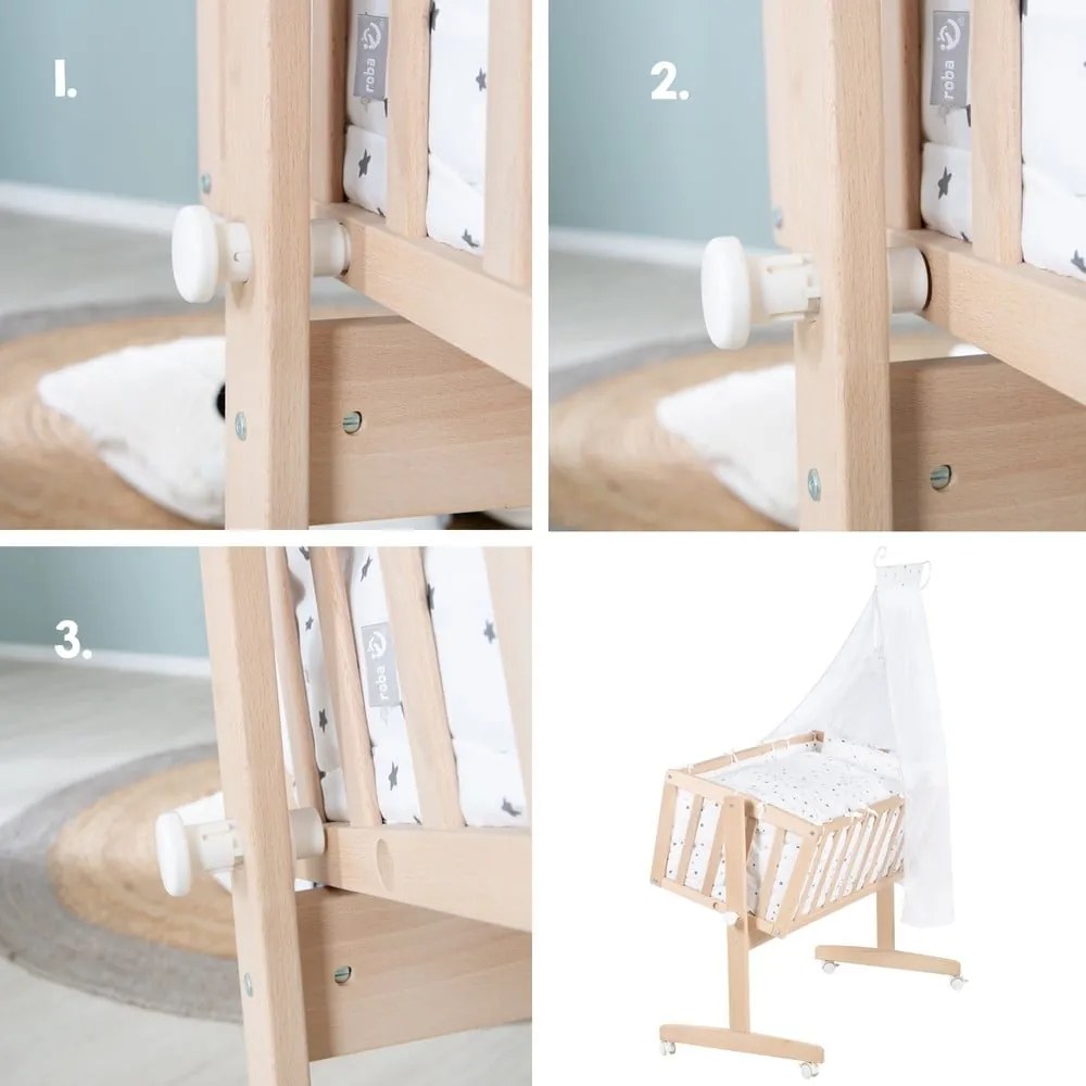 Kolíska z bukového dreva na kolieskach/s baldachýnom 40x90 cm v prírodnej farbe – Roba