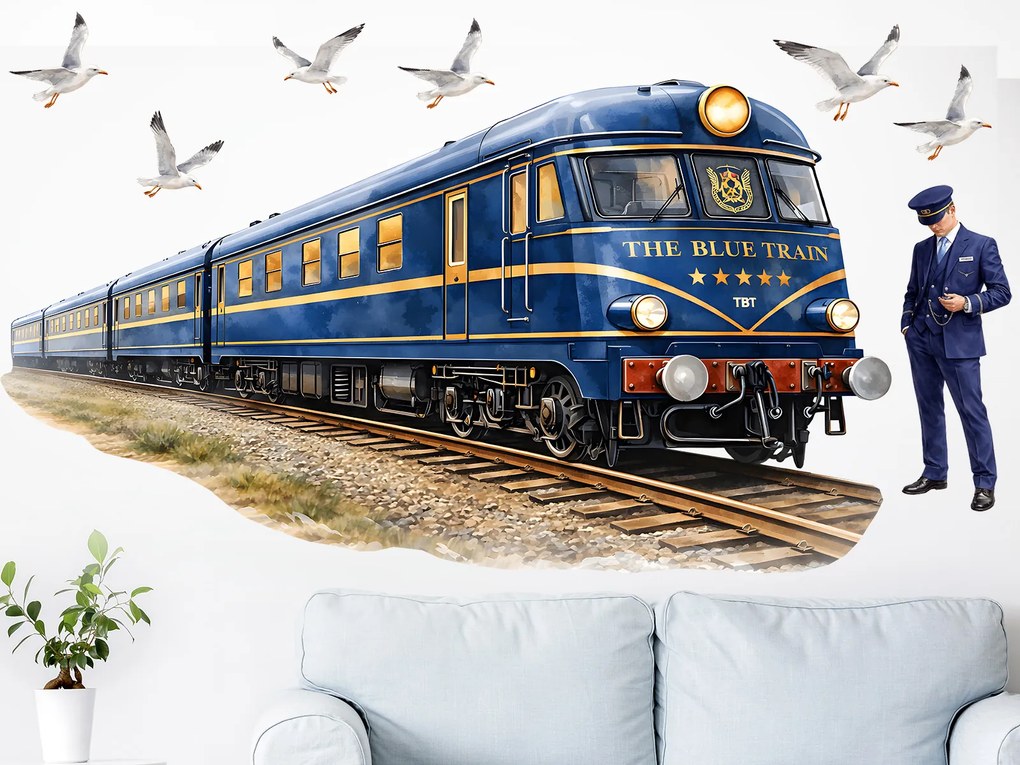 Vlak The blue train textilní prelepiteľná nálepka na stenu hárok 75 x 42 cm