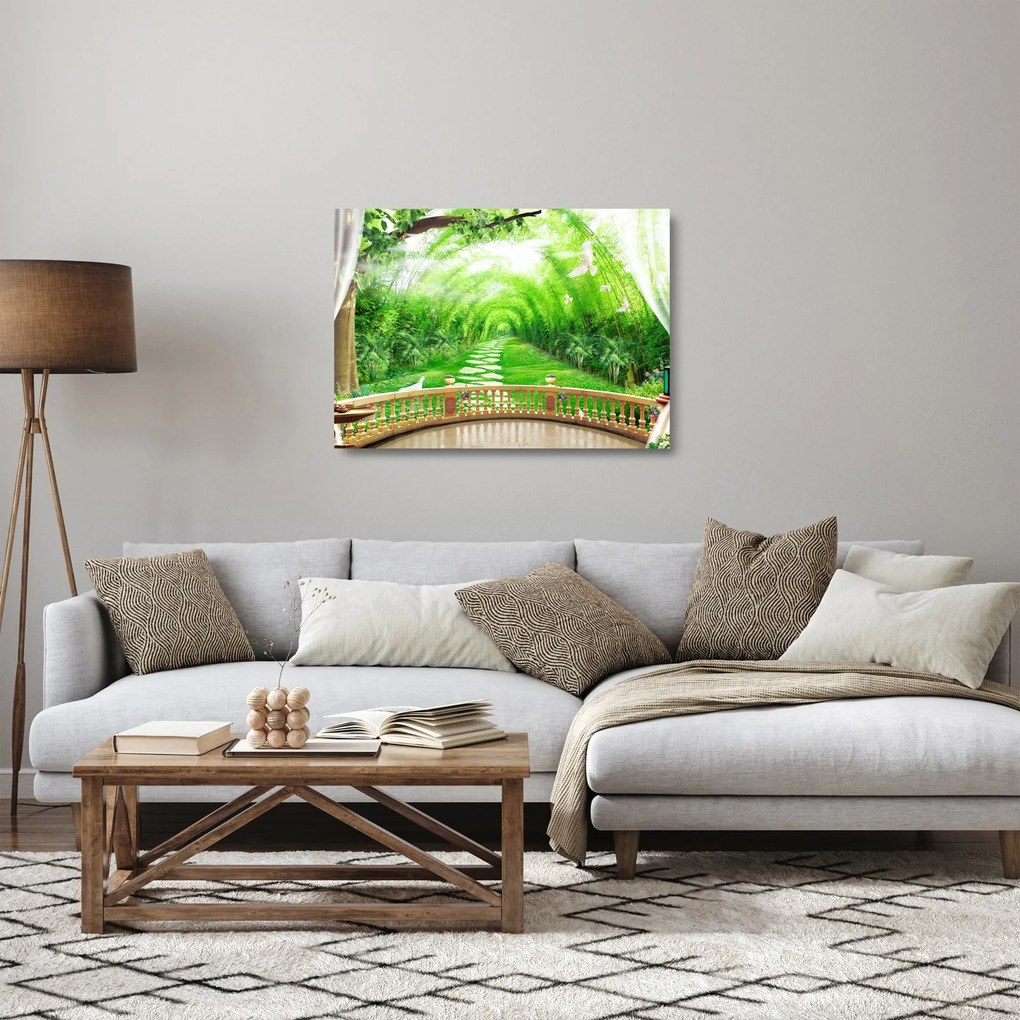 Sklenený obraz - Výhľad na tropickú záhradu (70x50 cm)
