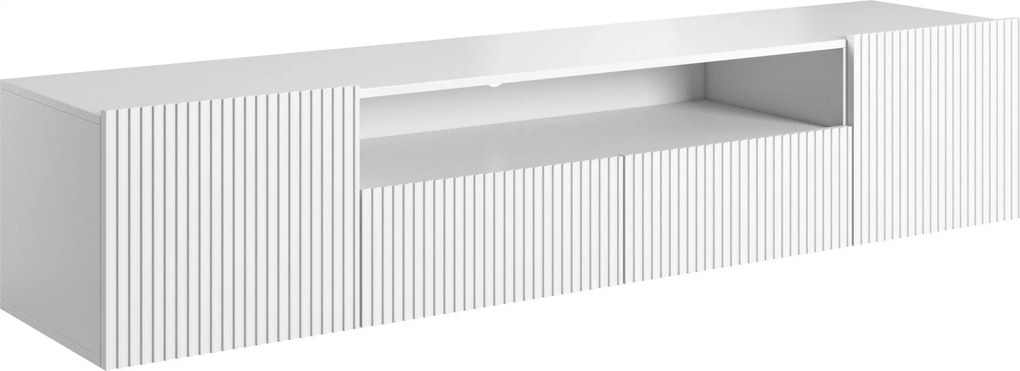 Závesná TV skrinka Nicole 200 cm s výklenkom a zásuvkami - biela / biely mat