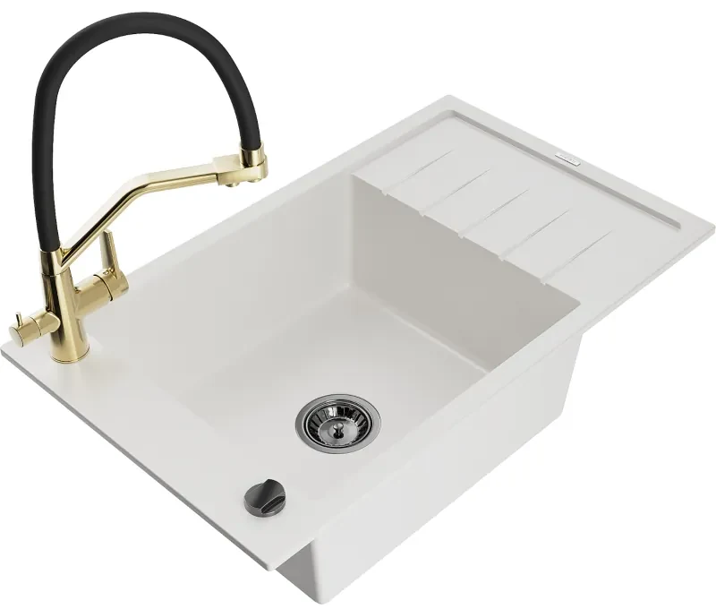 Mexen Elias, 1-komorový granitový drez 795x480x200 mm a drezová batéria Duo, biela, 6511-20-671701-57-B