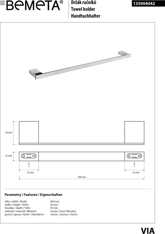 Bemeta Design VIA: Držiak uterákov, 565 mm - 135004042