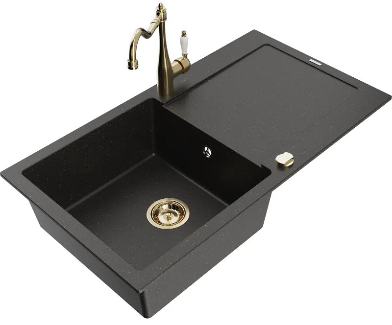 Mexen Leo, granitový drez 900x500x190 mm, 1-komorový a drezová batéria Carla, čierna-zlatá metalíza, 6501-75-670700-50