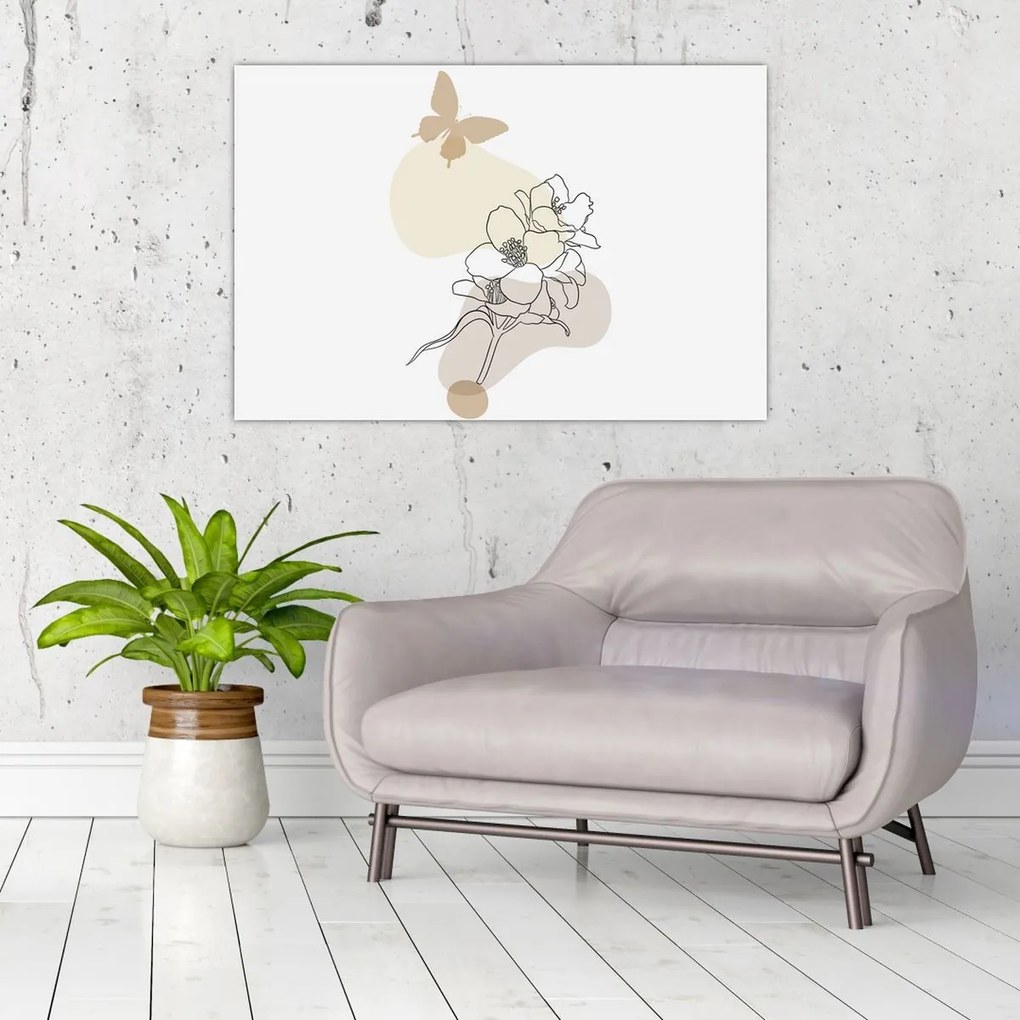 Obraz - Béžové kvety s motýľom N⁰3 (90x60 cm)
