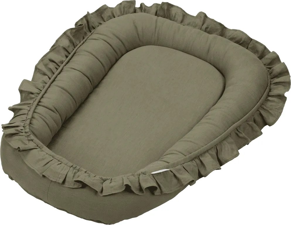 Ľanové hniezdo pre bábätko s volánom olivová