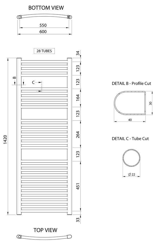 Aqualine Aqualine, ALYA vykurovacie teleso oblé 600x1420mm, chróm, LLC204