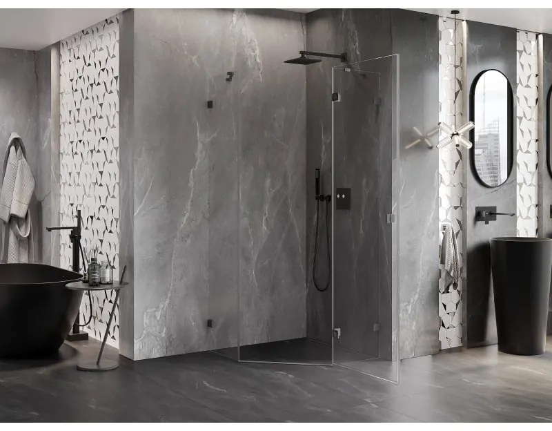 Mexen Lunar, výklopný päťuholníkový sprchový kút pravý 100 x 100 cm priehľadný, profil grafit brúsený, 831-100P-100L-66-00-P