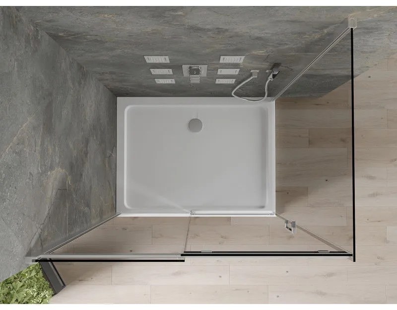 Mexen Omega, sprchový kút s posuvnými dverami 120 (dvere) x 80 (stena) cm, 8mm šedé sklo, chrómový profil + slim sprchová vanička biela + chrómový sifón, 825-120-080-01-40-4010