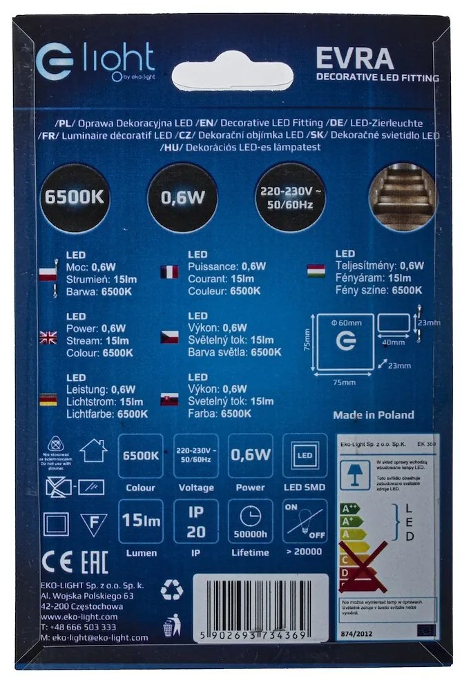 Schodiskové LED svietidlo Evra, 1x LED 0,6w, 6500k, s