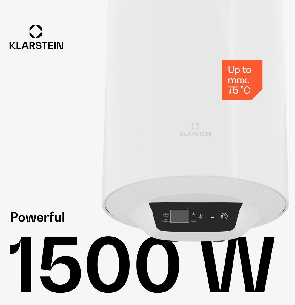 Klarstein ENDURAHEAT SMART 80, bojler, 80 litrov, 75°C. 1500 W, 3 veľkosti biely