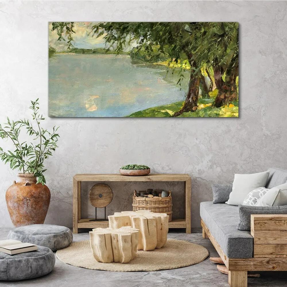 Obraz Canvas Maľovanie jazero stromy