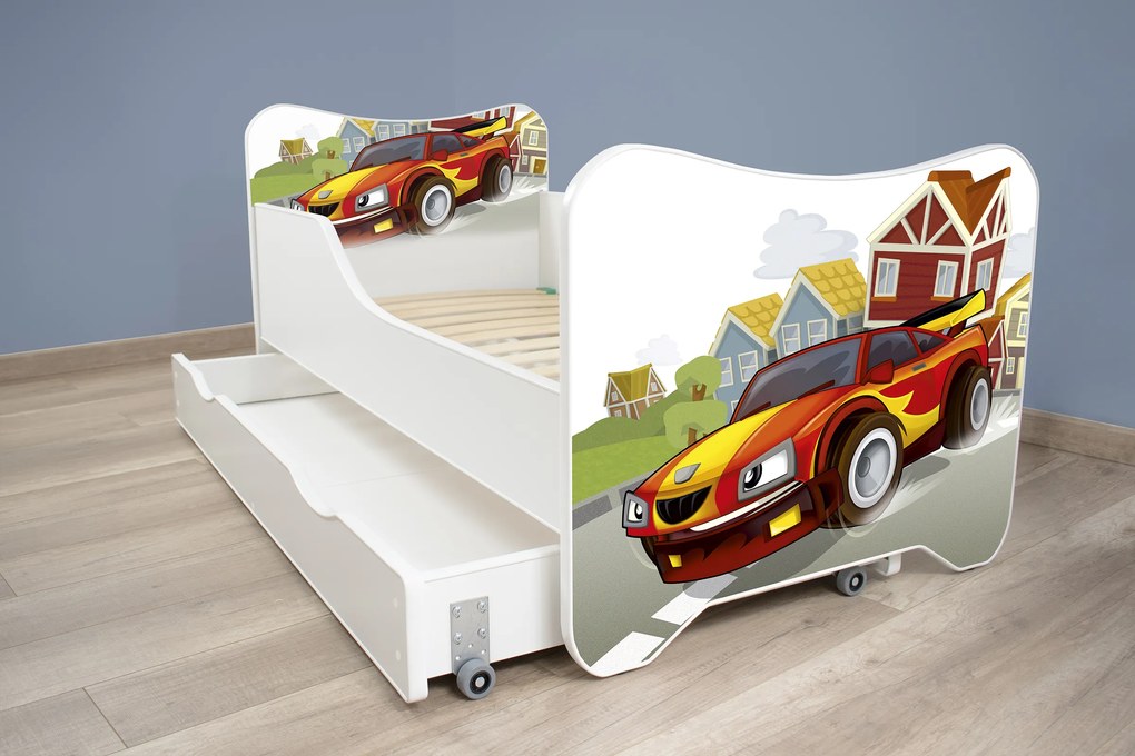 TOP BEDS Detská posteľ Happy Kitty 140x70 Pretekárske autíčko so zásuvkou