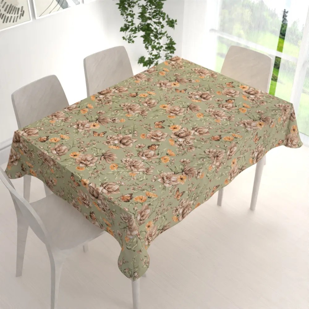 Biante Bavlnený obdĺžnikový obrus Sandra SA-472 Hnedé kvety magnólie na zelenom 80x120 cm
