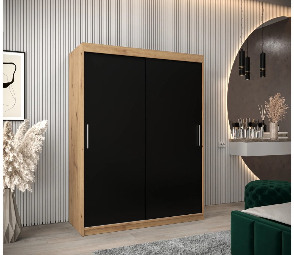 Šatníková skriňa 150 cm Toki (Dub artisan + Čierna matná). Akcia -45%. Vlastná spoľahlivá doprava až k Vám domov. 1064826