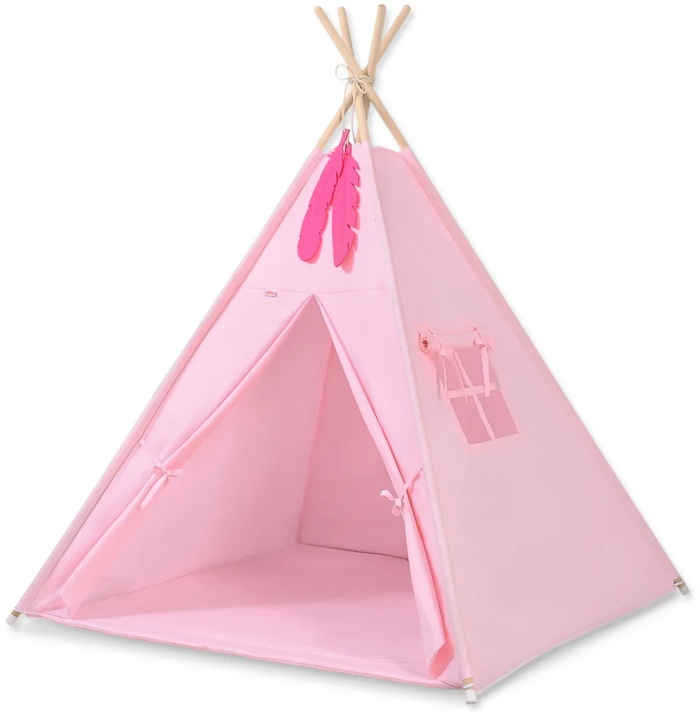 Bobono Stan Teepee pre deti + podložka na hranie + ozdobné pierka - ružový