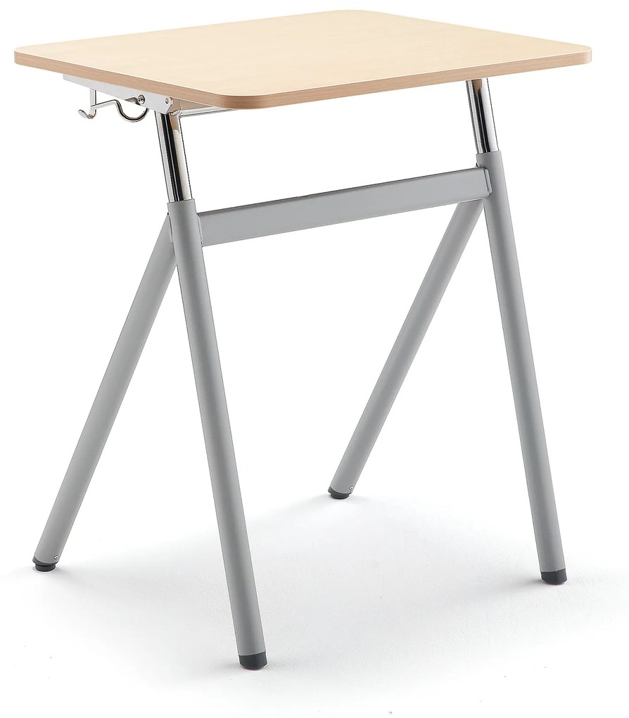 Výškovo nastaviteľný školský stôl ASCEND, laminát - breza, strieborná