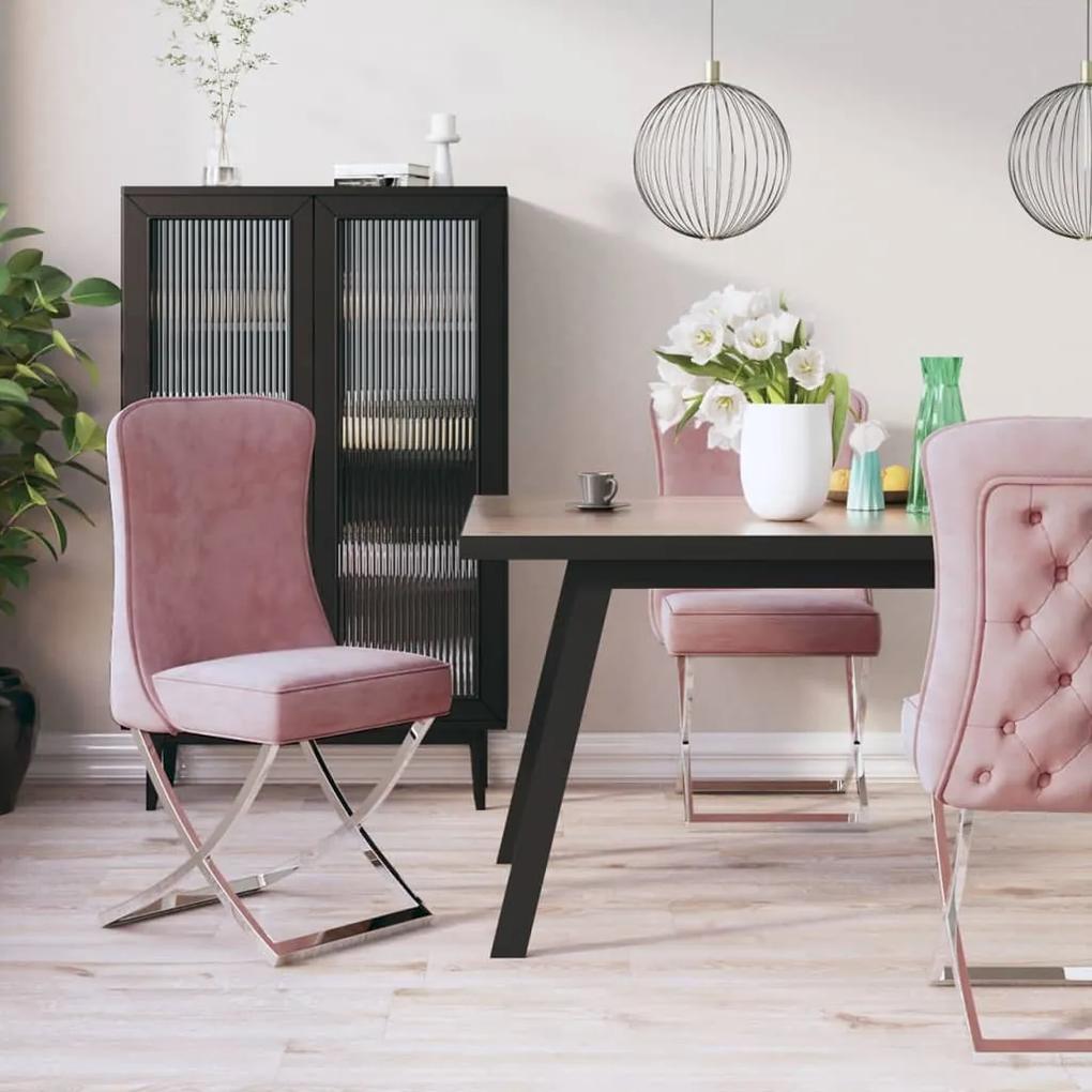 Jedálenské stoličky 4 ks ružové 53x52x98 cm zamat a nehrdzavejúca oceľ