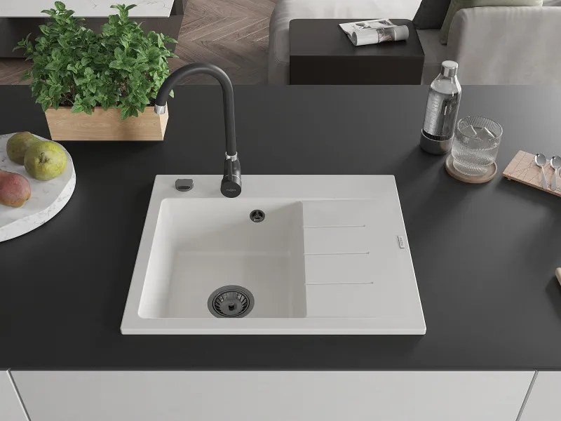 Mexen Ben, 1-komorový granitový drez 600x500x190 mm, ľavý + čierny sifón, biela, 6522605000-20-B