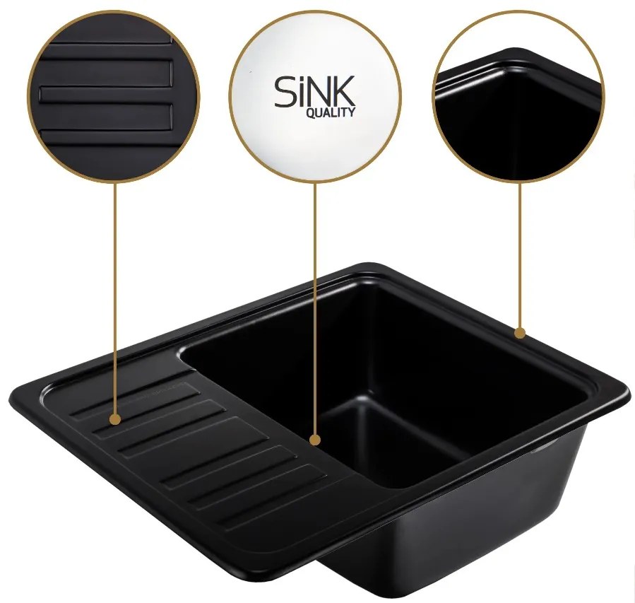 Sink Quality Sapphire, granitový kuchynský drez 565x460x210 mm + čierny sifón, 1-komorový, čierna, SKQ-SAP.C.1KKO.XB