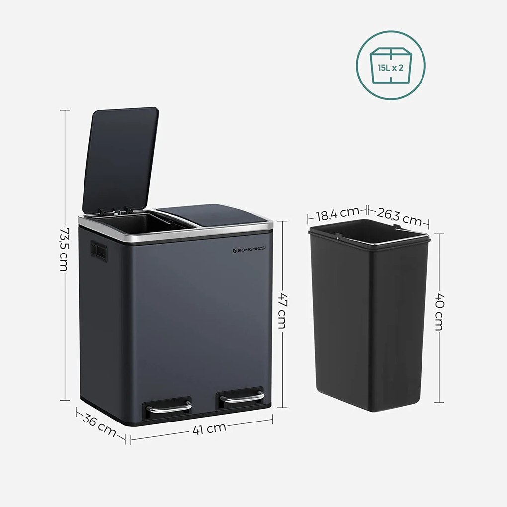 Odpadkový kôš oceľový 2 x 15 l, dymovo sivý