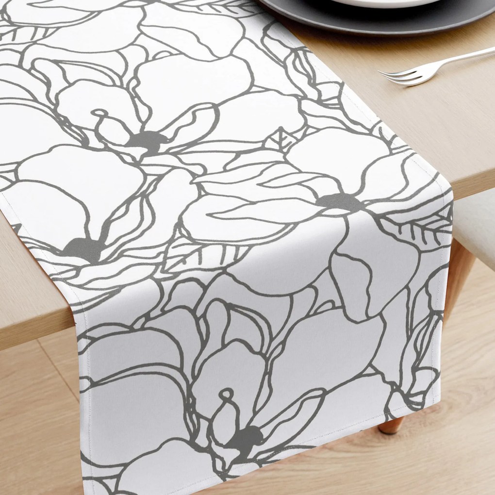 Goldea behúň na stôl 100% bavlnené plátno - tmavo sivé kvety na bielom 20x120 cm