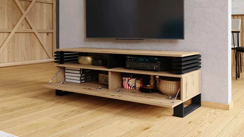 GOKEE RTV-145 Dub Artisan/ Čierna matná - MODERNÁ SKRIŇA POD TELEVÍZOR S LAMELAMI