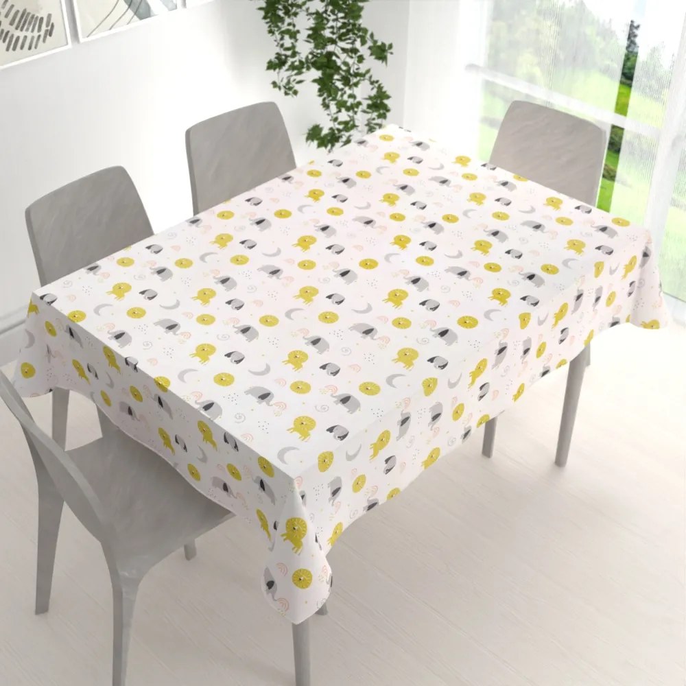 Biante Detský bavlnený obdĺžnikový obrus Sandra SA-649 Slony a levy na bielom 120x140 cm