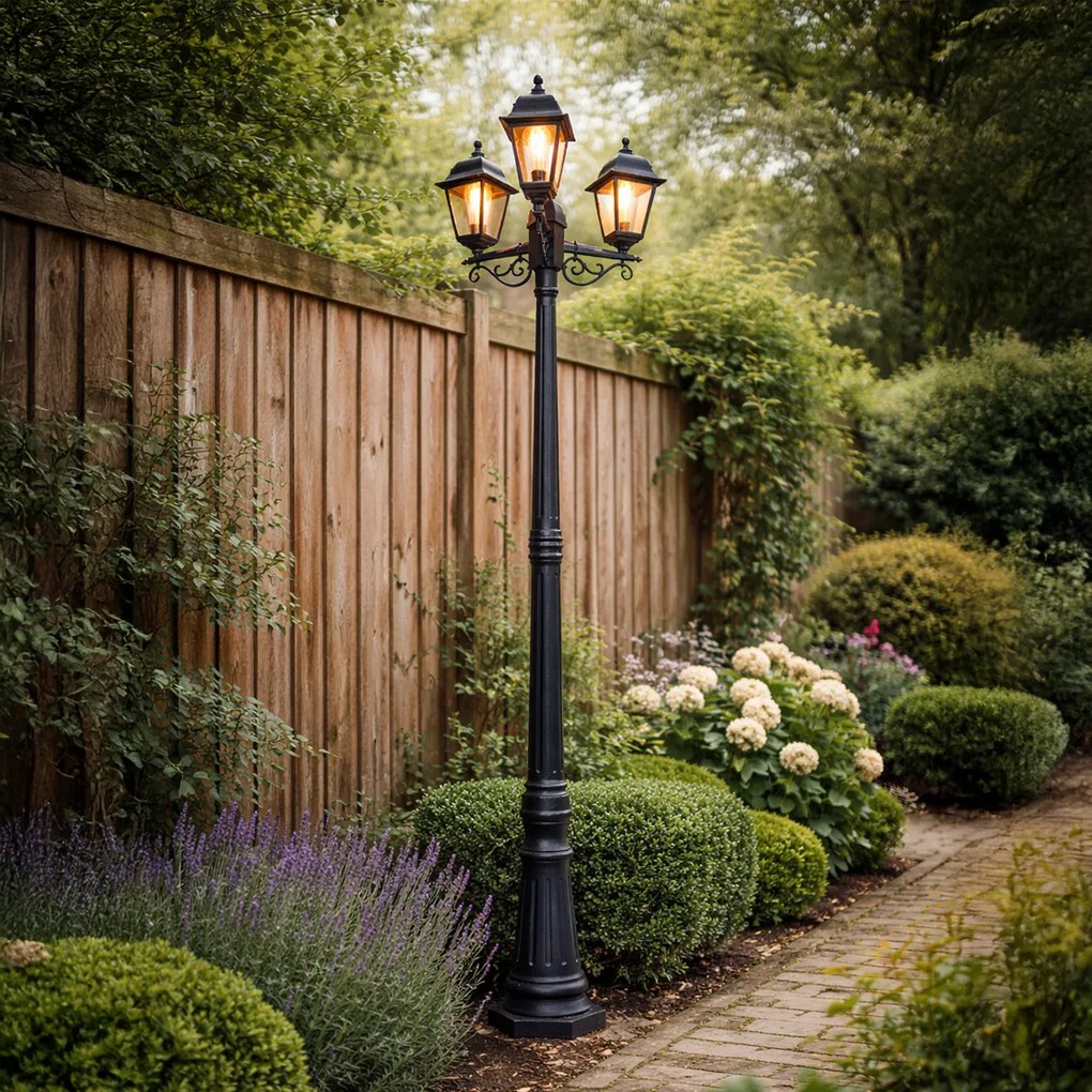 Klasická lampa s lampášom čierna 3 svetlá IP44 - Capital
