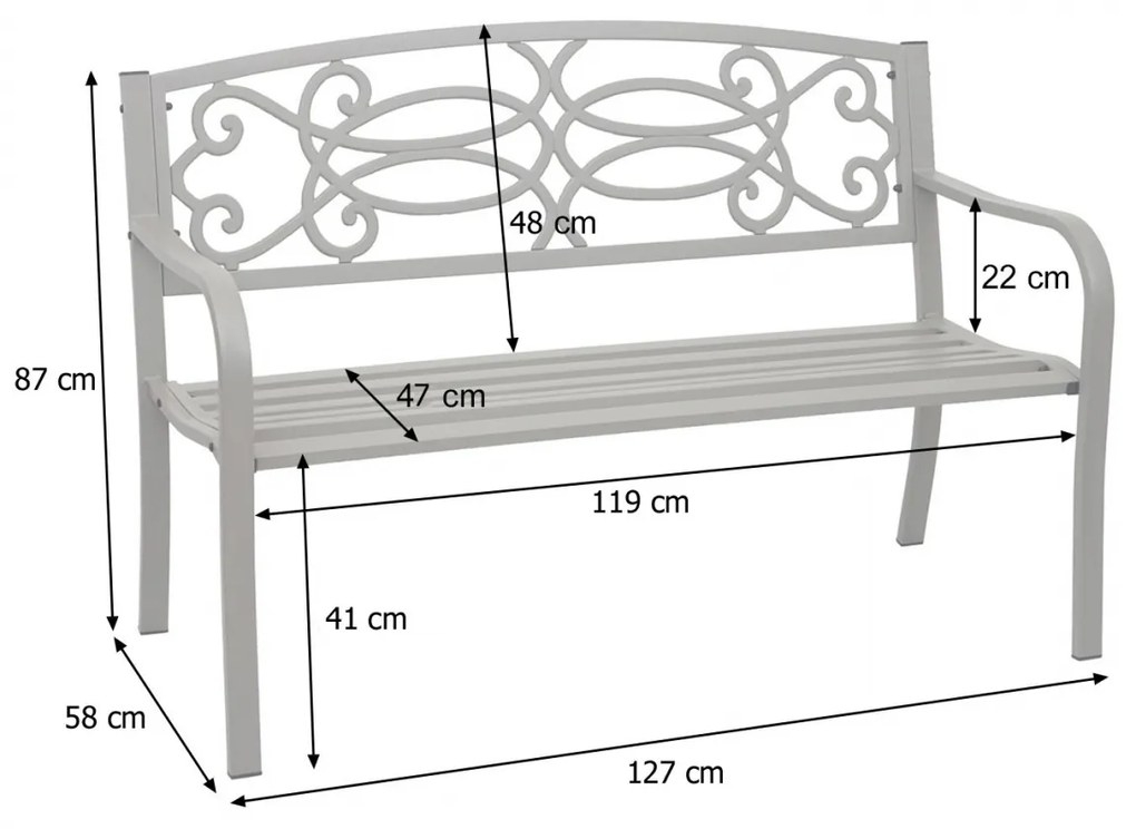 Záhradná lavička HWC-F44, 2-miestna oceľ s práškovým nástrekom - sivá
