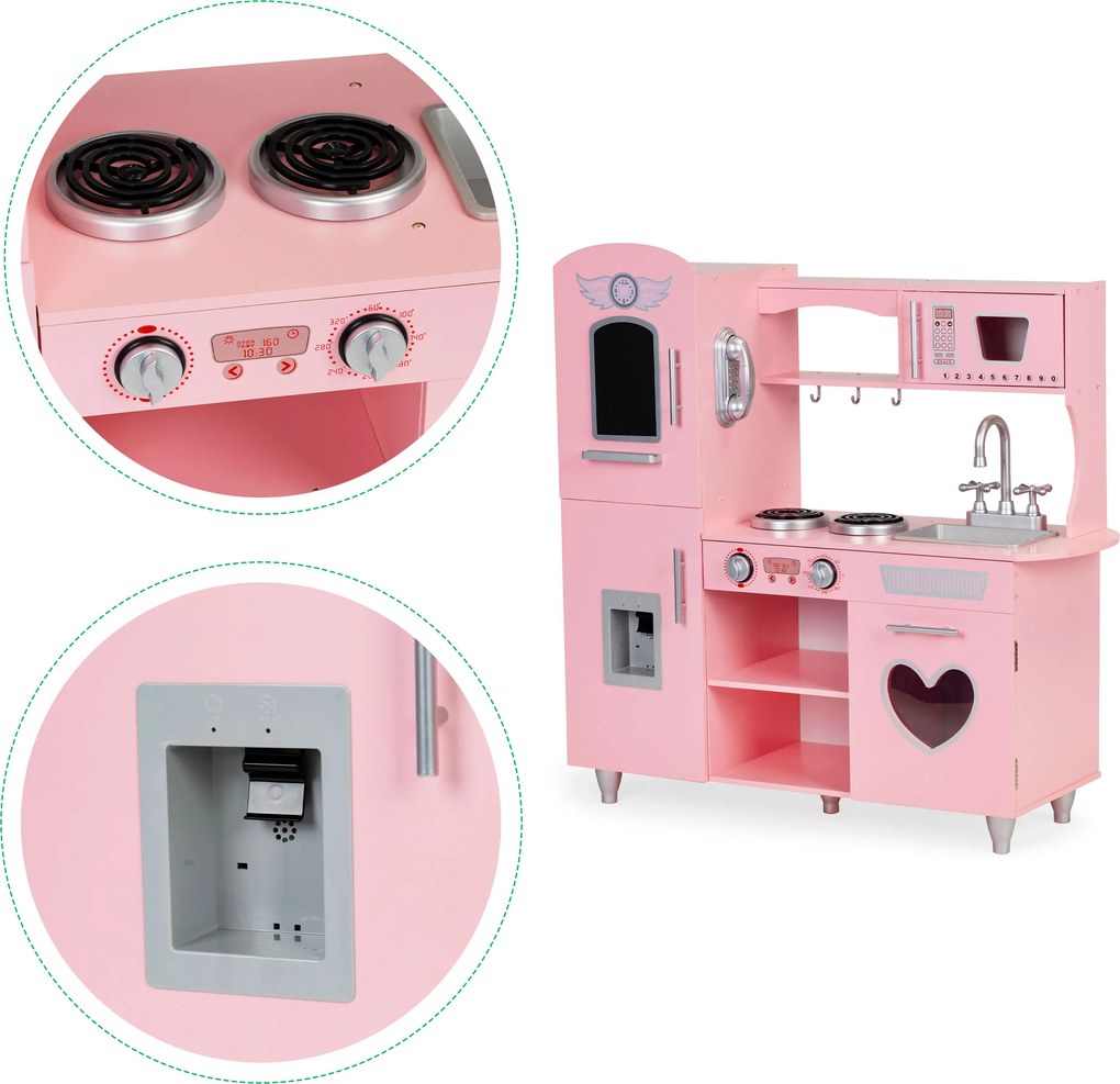 Veľká drevená detská kuchynka ECOTOYS – zvukové efekty, ružová