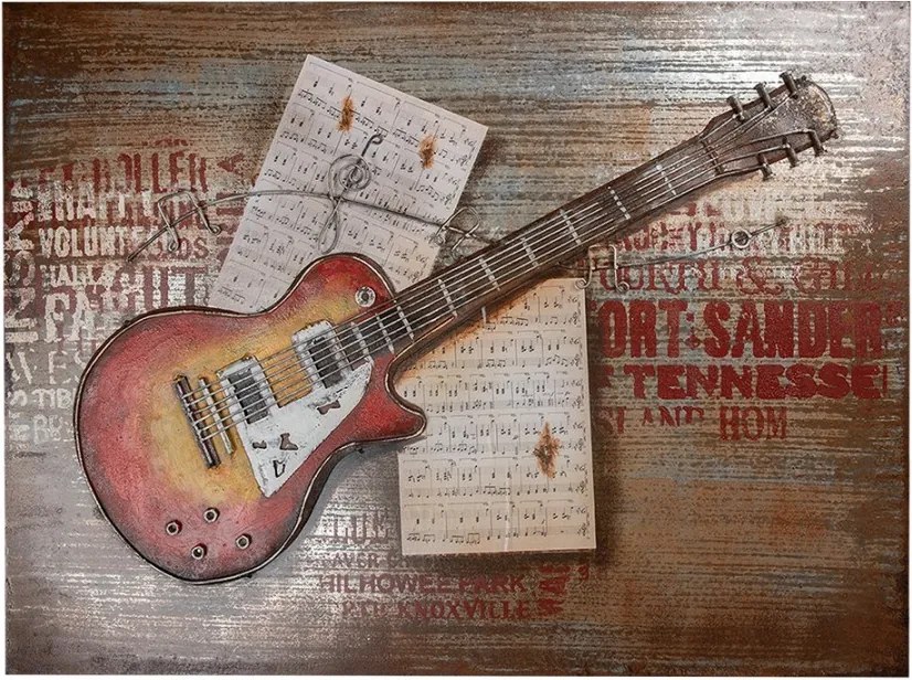 3D Metal Paintings 100x75 Cm Orange Metal Guitar - 100*5*75 cm