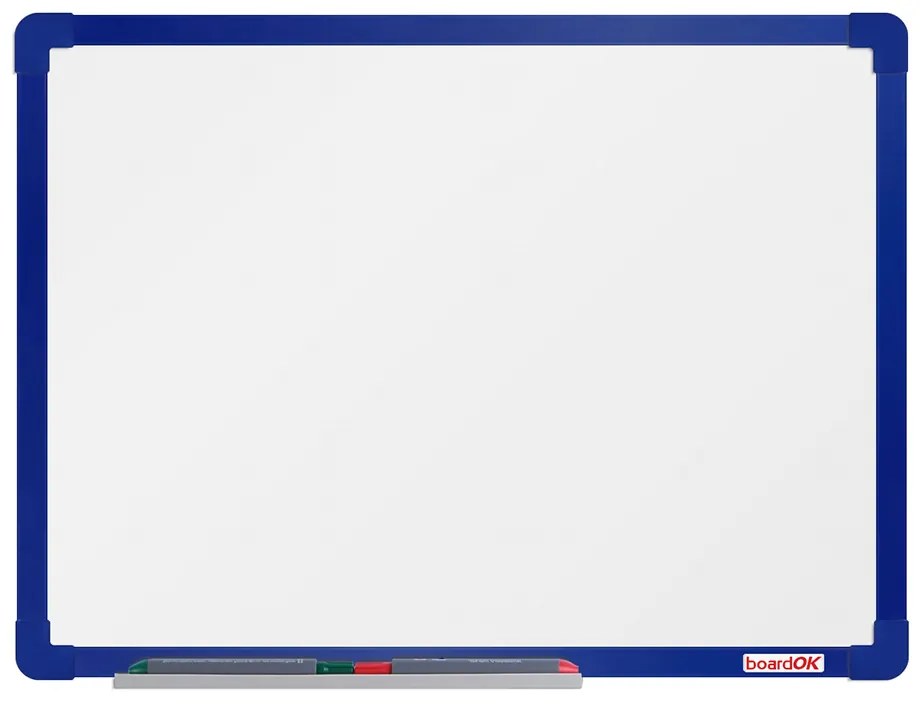 Biela magnetická popisovacia tabuľa boardOK, 600 x 450 mm, modrý rám