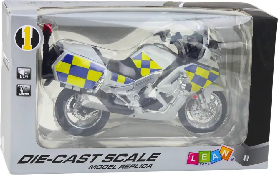 LEAN Toys Policajný motocykel z kovu so svetlami a zvukmi, biely, mierka 1:12