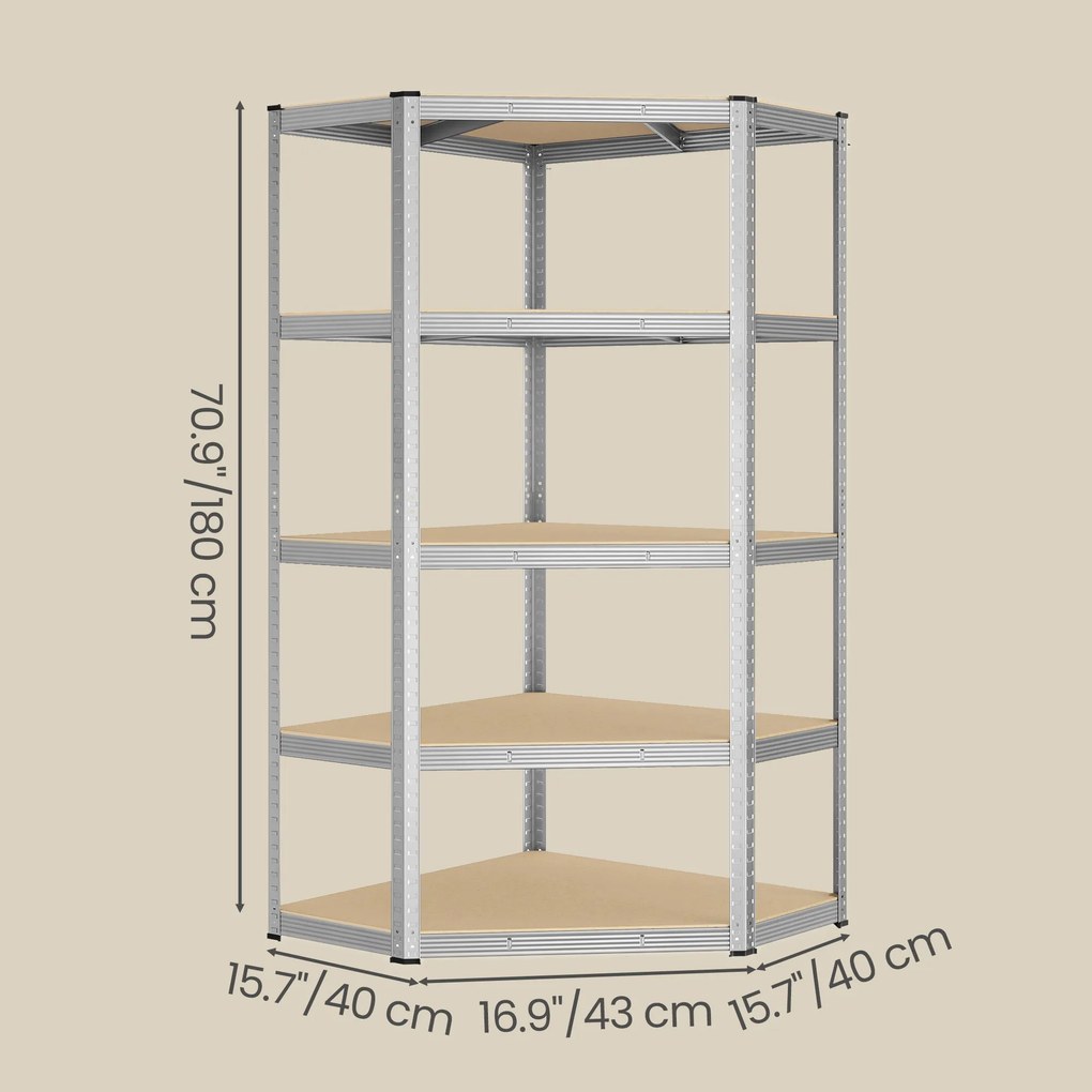 SONGMICS kovová rohová polica, 5 úrovní, nosnosť 875 kg, 180 x 90 x 90 cm