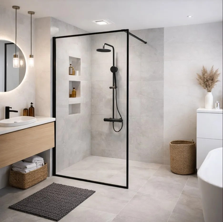 Erga Paris, sprchová zástena Walk-In 120x200 cm v čiernom ráme, 8mm číre sklo, čierny profil, ERG-V02-PARIS-120x200-BF