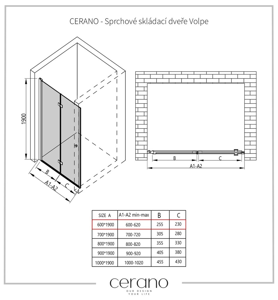 Cerano Volpe, skladacie sprchové dvere 60x190 cm, 6mm číre sklo, chrómový profil, CER-CER-423288