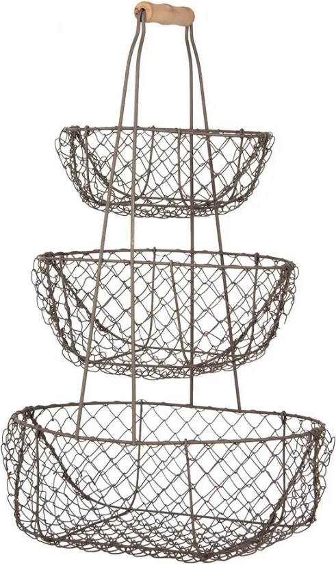 Hnedý kovový poschodový stojan s 3košíkmi a držadlom - 30*22*50 cm
