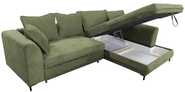 Rozkladacia rohová sedacia súprava LAGOA v tvare L, pravé prevedenie, zelená, s úložným priestorom