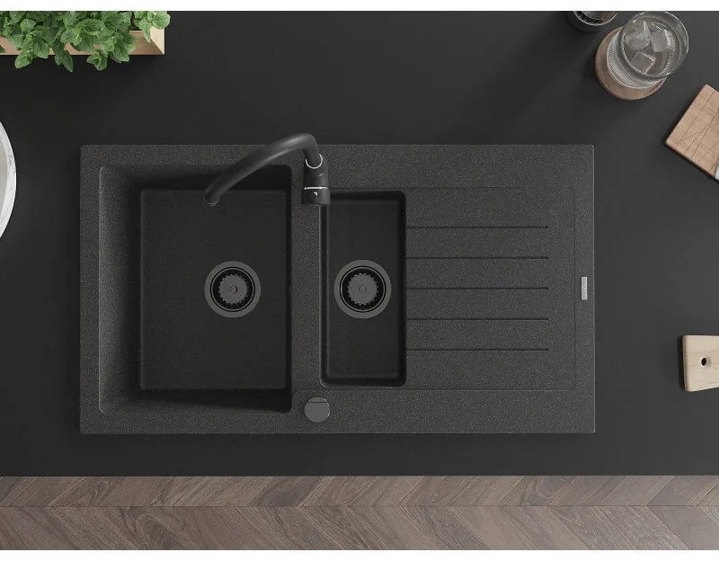 Mexen Matias - drez granitový 900x505x200 mm, 1,5-komorový, čierna-škvrny s čiernym sifónom, 6502901505-76-B