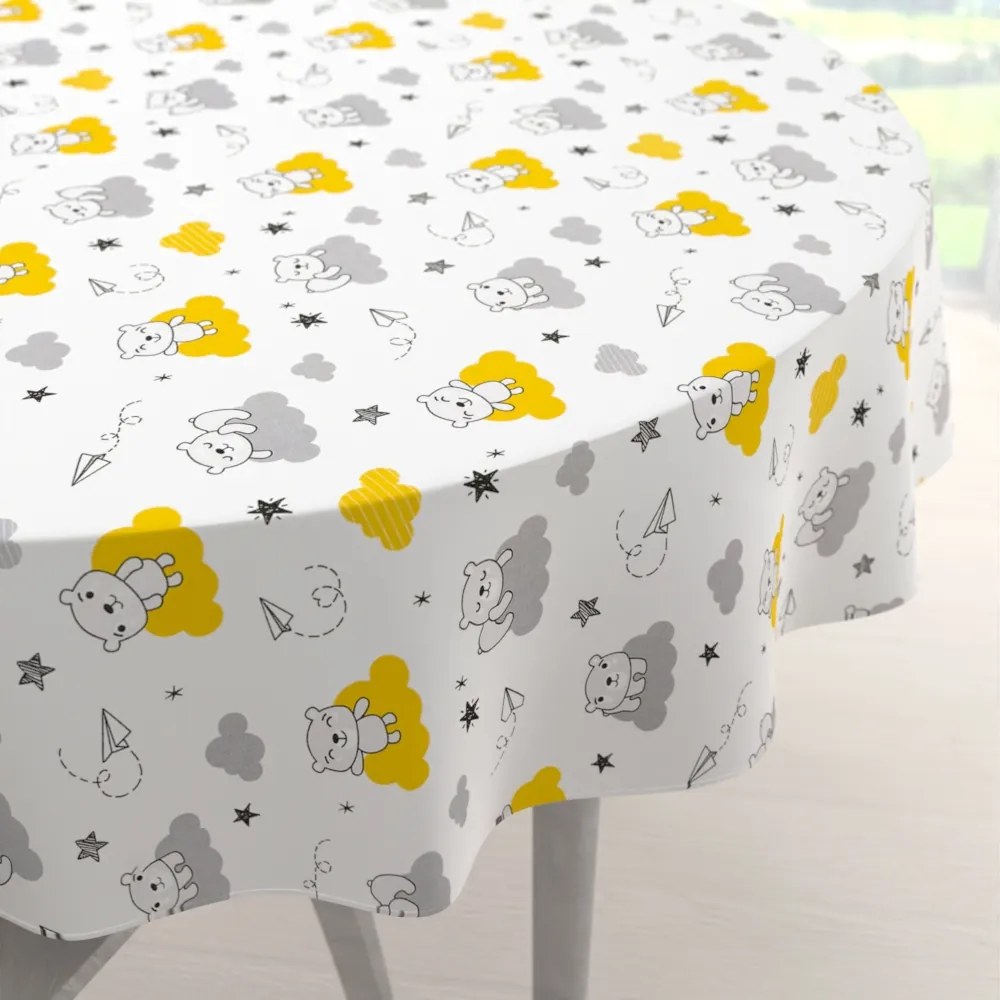 Biante Detský bavlnený okrúhly obrus Sandra SA-725 Medvedíky na žlto-sivých obláčikoch na bielom Ø 100 cm