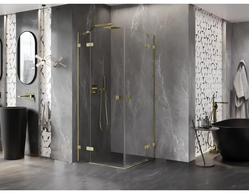 Mexen Lunar Duo, výklopný sprchový kút 100 x 100 cm, 8mm číre sklo, zlatý matný profil, 834-100L-100P-55-00