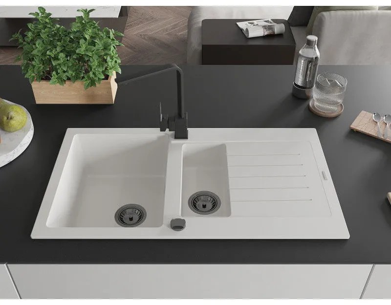 Mexen Matias, granitový drez 900x505x200 mm, 1,5-komorový a čierna batéria Rita, biela, 6502-20-670300-70