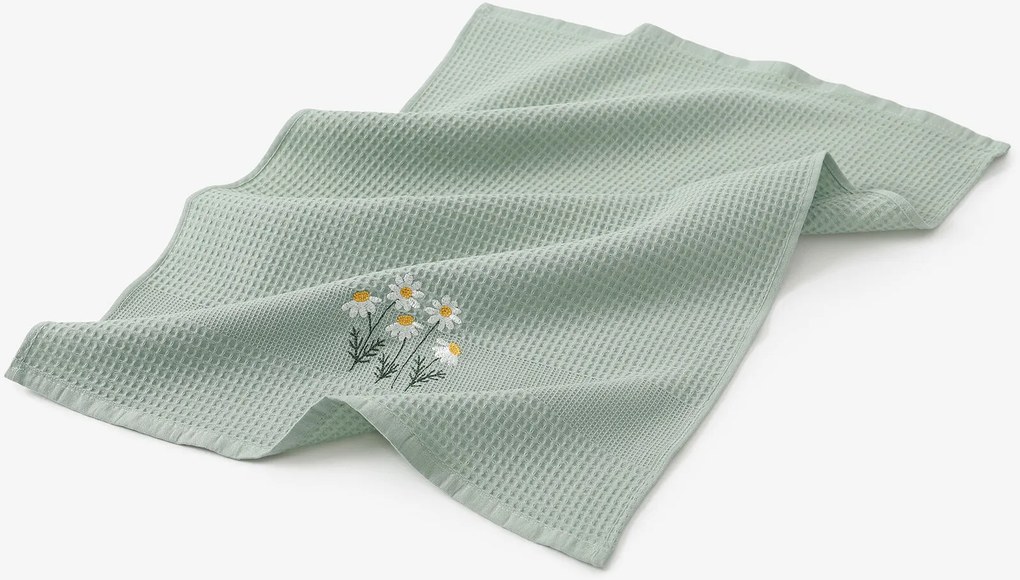 Goldea kuchynská vaflová utierka s výšivkou - harmanček na šalviovom 50 x 70 cm