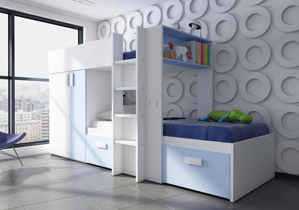 Poschodová posteľ BO3 - bielo modrá kombinácia
