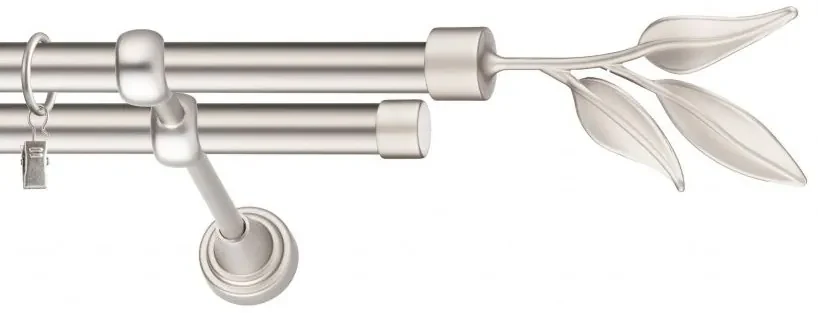 Dekorstudio Chrómová matná dvojradová garniža LIST 19mm Dĺžka: 420cm, Typ uchytenia: Držiak dvojitý modern, Typ príslušenstva: Krúžky tiché so štipcami